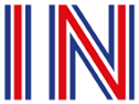 The word 'IN' written in red white and blue