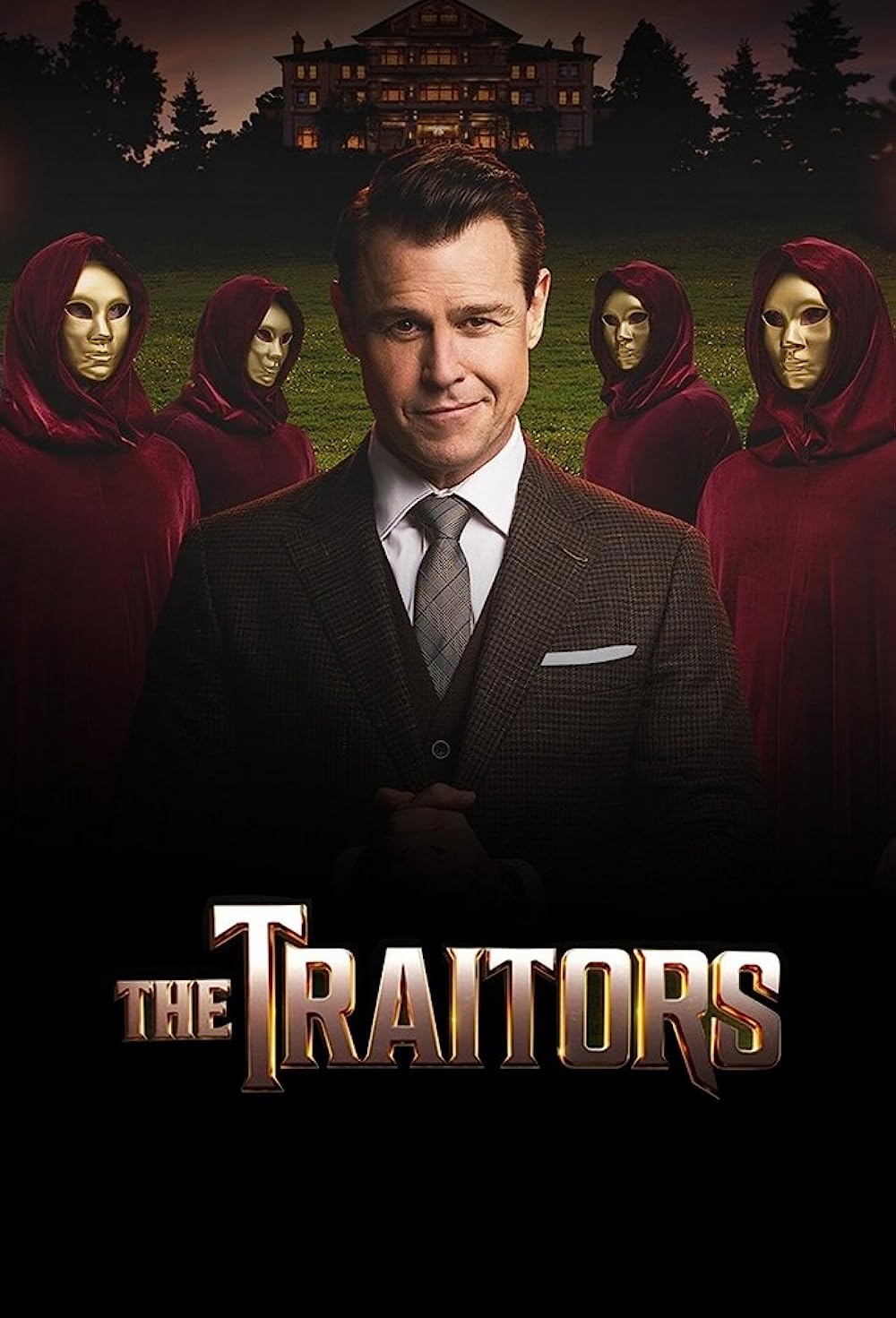 A suave man in front of four hooded and masked characters