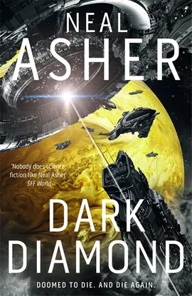Cover of Neal Asher's Dark Diamond which shows spaceships and laser weapons aplenty