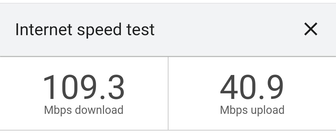 Screenshot of an internet speed test showing a maximum download speed of 109.3 MB/s download and 40.9 MB/s upload