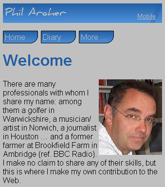 A screenshot of this Web site's homepage in a narrow viewport
