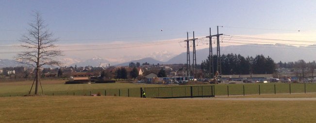 The view outside the meeting building that day. Mont Blanc is in the centre of the picture